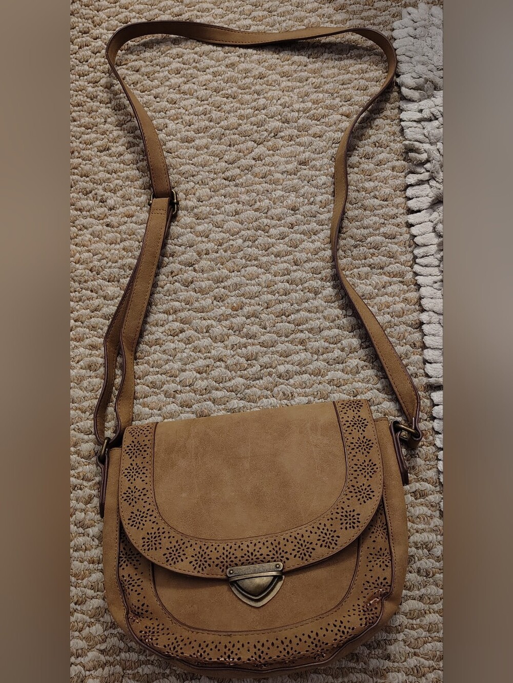 Tan Crossbody Saddle Bag with Laser-Cut Detail
